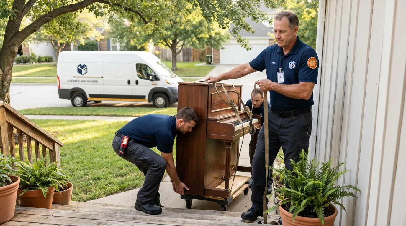Licensed piano movers securing grand piano in Oronogo, MO