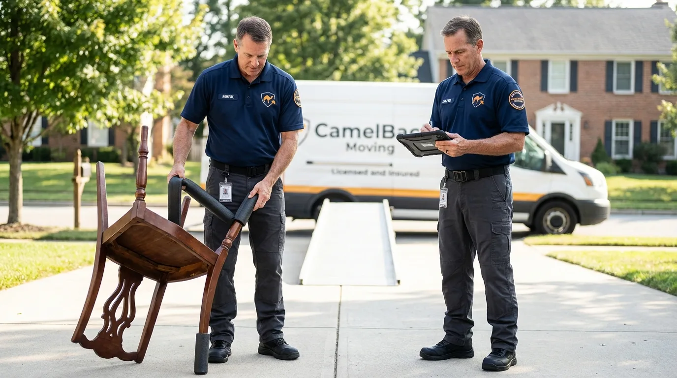 Movers inspecting furniture for damage prevention before loading in Oronogo, MO