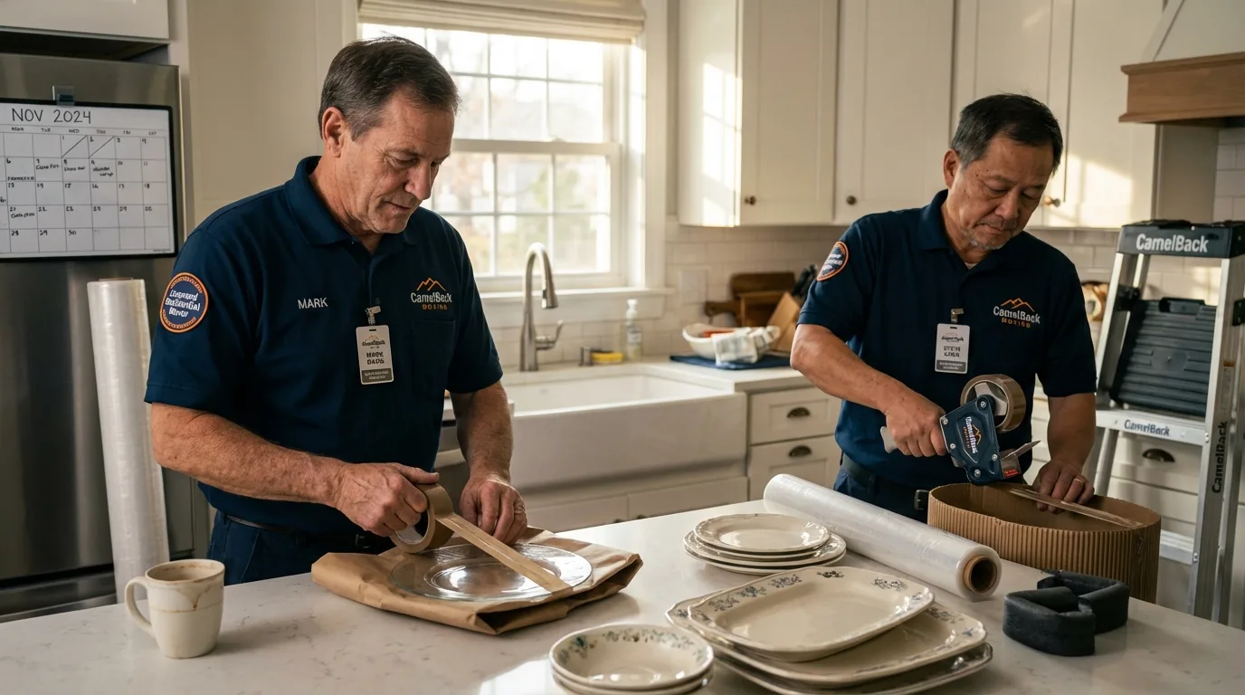 Professional crew packing kitchen dishware in Oronogo, MO